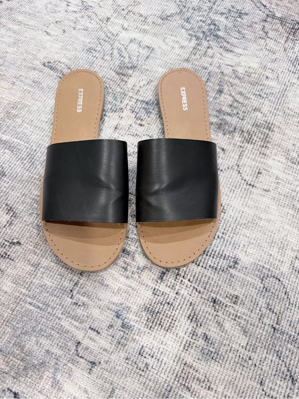 Express Black Slide Sandals with Tan Footbed